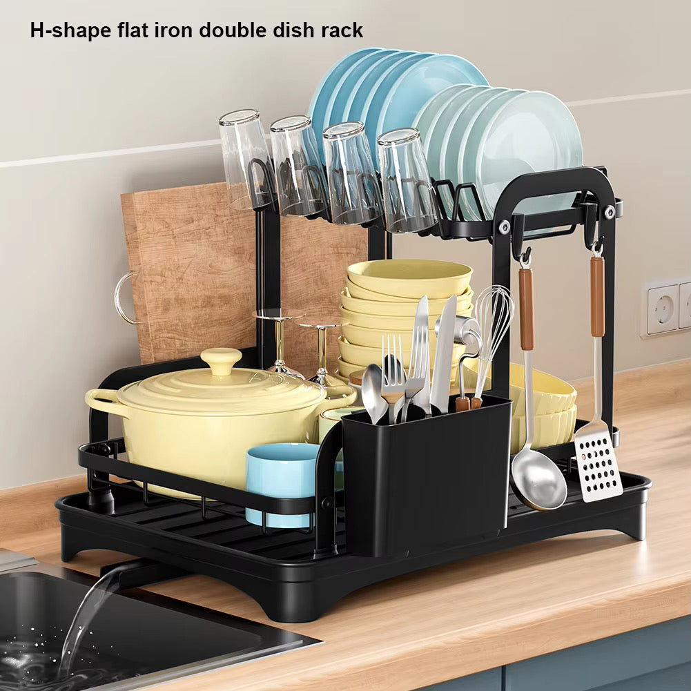 Double-layer kitchen tableware drying rack with drain