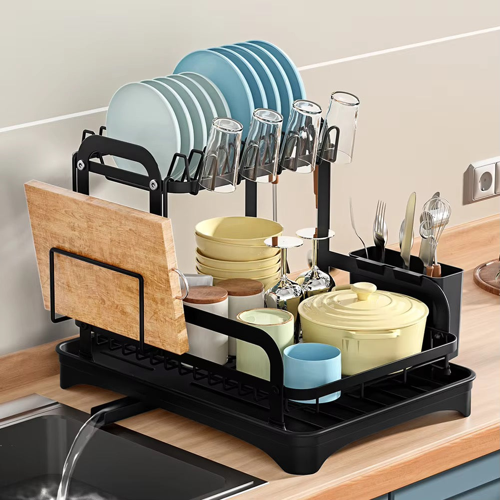 Double-layer kitchen tableware drying rack with drain