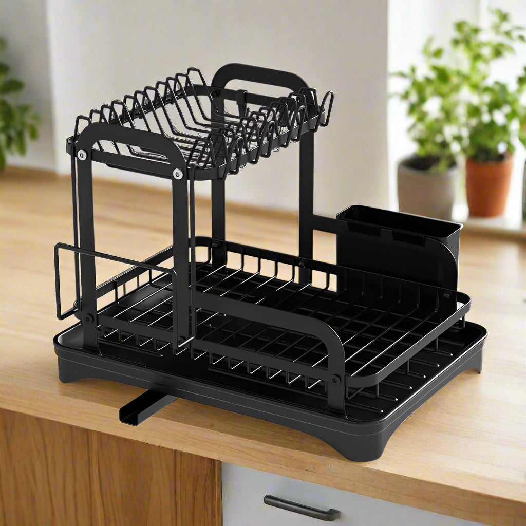 Double-layer kitchen tableware drying rack with drain